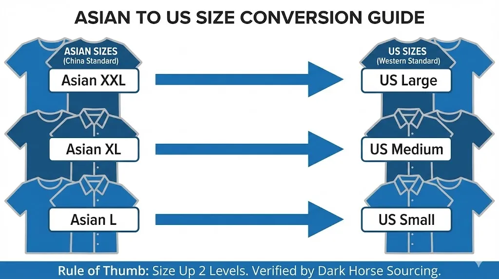 Infografik med titeln "Asiatisk till US Size Conversion Guide" av Dark Horse Sourcing, som visar klädstorleksskillnader mellan Kina och västerländska standarder, vilket illustrerar att Asian XXL är en US Large, XL är en Medium och L är en Small.